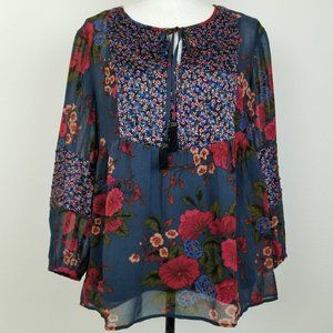 Daniel Rainn Womens Top Blue Red Floral Sheer Cover Satin Keyhole Tie Sz XL